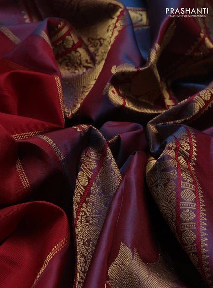 Red & Peacock Blue Pure Kanchipuram Silk - Zari Butta