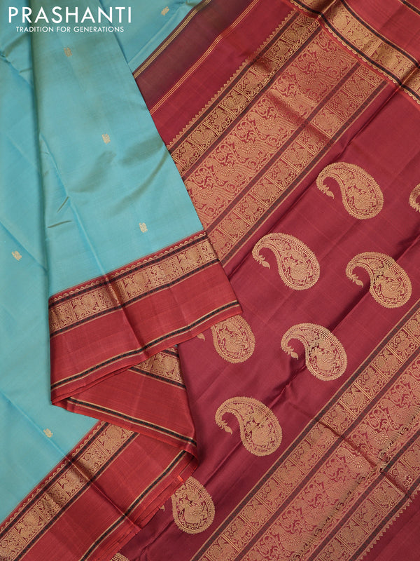 Teal Green & Red Pure Kanchipuram Silk - Zari Butta