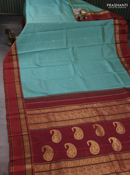 Teal Green & Red Pure Kanchipuram Silk - Zari Butta