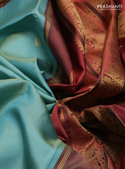 Teal Green & Red Pure Kanchipuram Silk - Zari Butta