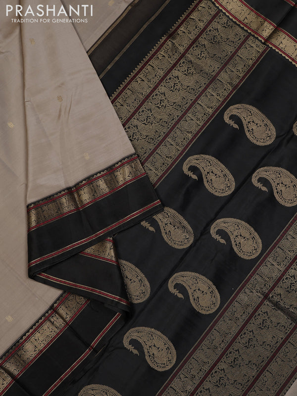 Beige & Olive Green Pure Kanchipuram Silk - Zari Butta