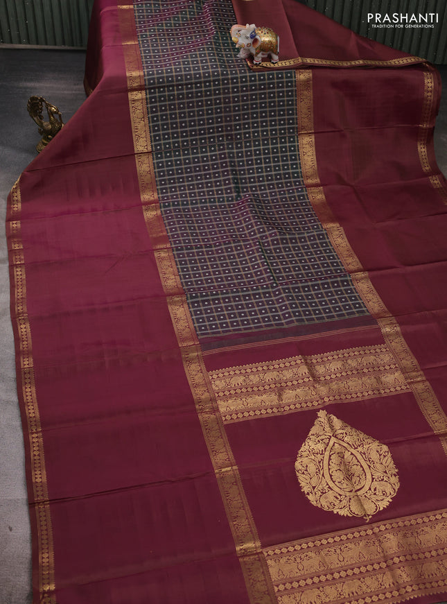 Green & Wine Pure Kanchipuram Silk - Checks