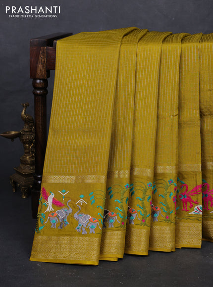 Mustard Green Sami Crepe Saree - Embroidery