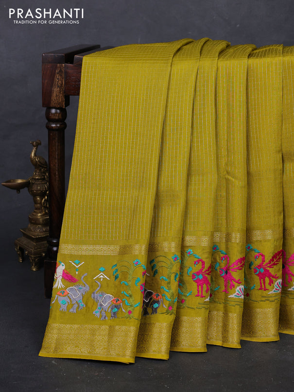 Mustard Green Semi Crepe Saree - Embroidery