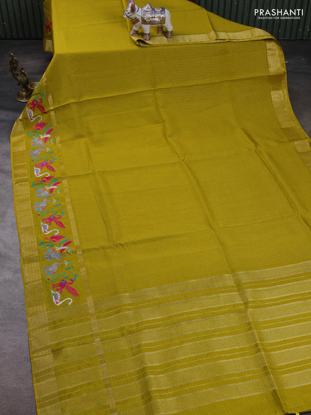 Mustard Green Semi Crepe Saree - Embroidery