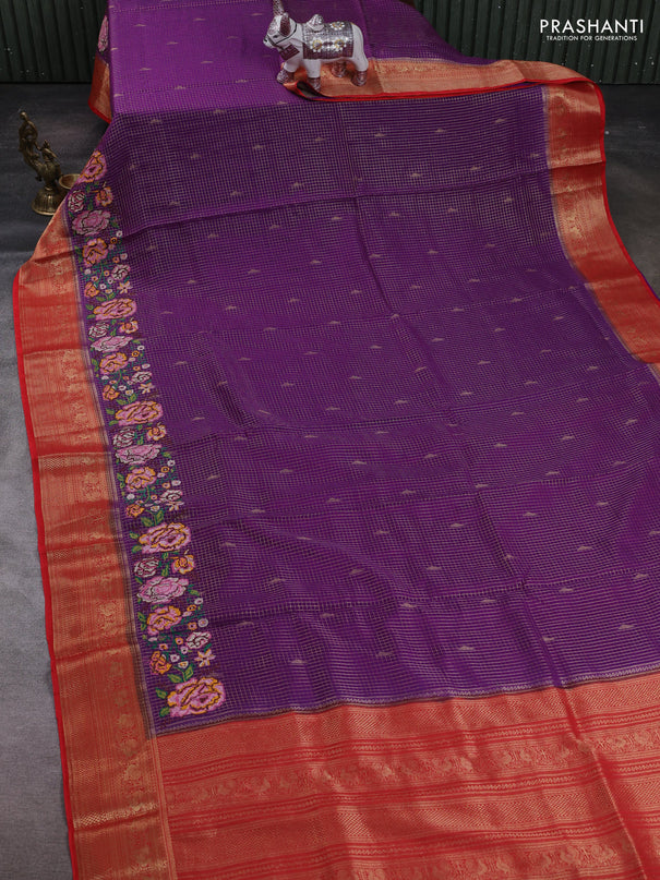 Purple & Red Semi Crepe Saree - Embroidery