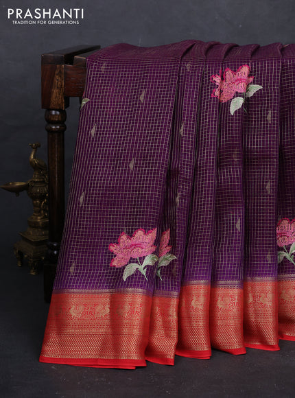 Purple & Red Sami Crepe Saree - Embroidery