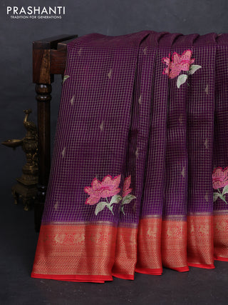 Purple & Red Sami Crepe Saree - Embroidery
