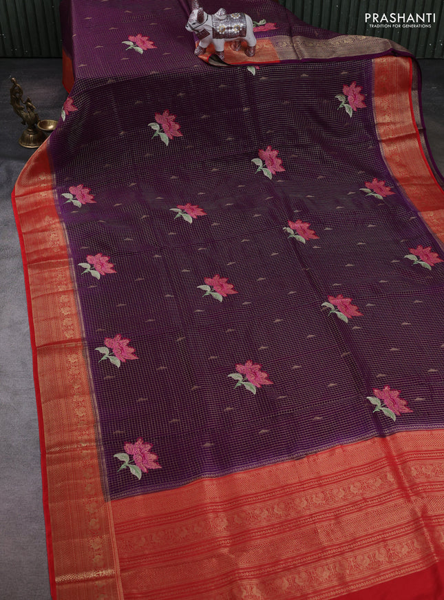 Purple & Red Semi Crepe Saree - Embroidery