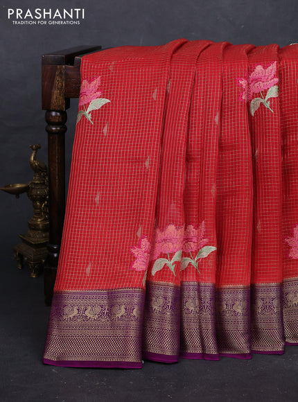 Red & Purple Sami Crepe Saree - Embroidery