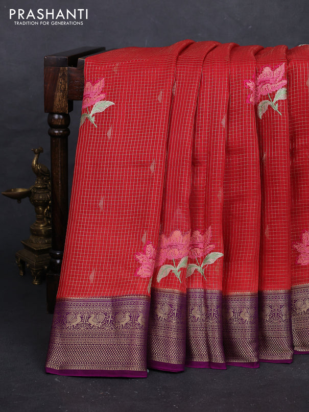 Red & Purple Semi Crepe Saree - Embroidery