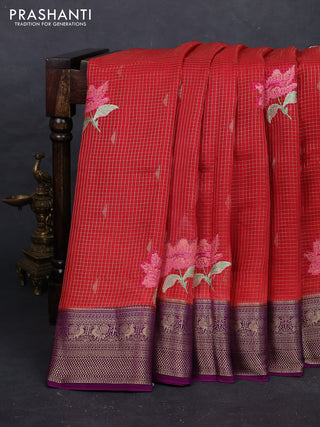 Red & Purple Sami Crepe Saree - Embroidery