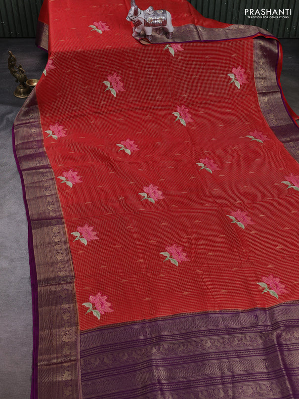 Red & Purple Semi Crepe Saree - Embroidery