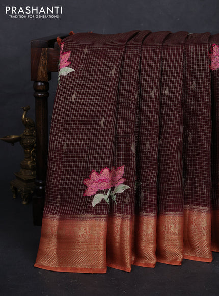 Coffee Brown & Rust Sami Crepe Saree - Embroidery