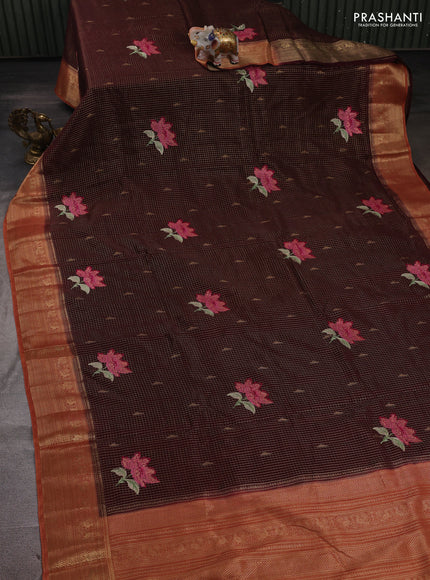 Coffee Brown & Rust Sami Crepe Saree - Embroidery