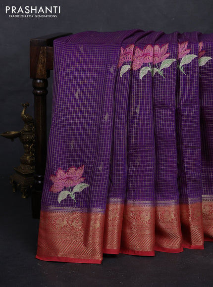Purple & Red Sami Crepe Saree - Embroidery