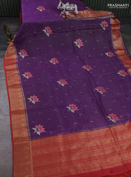 Purple & Red Sami Crepe Saree - Embroidery