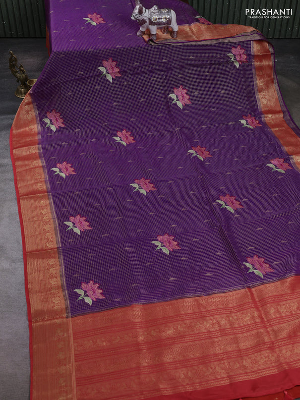 Purple & Red Semi Crepe Saree - Embroidery