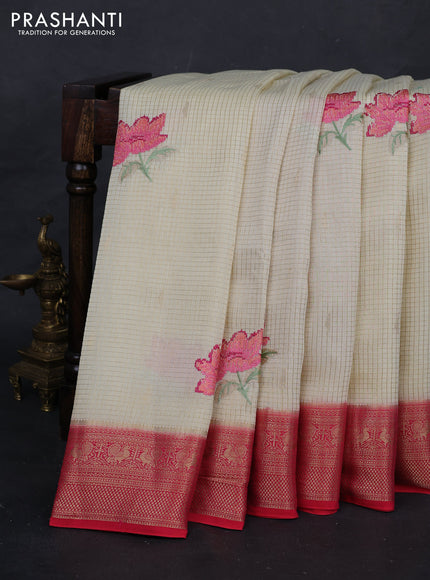 Cream & Pink Sami Crepe Saree - Embroidery