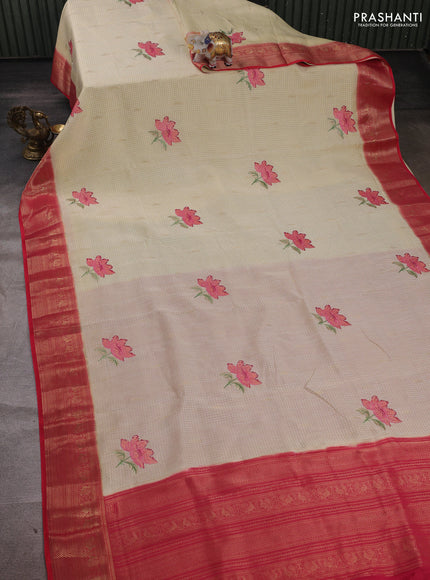 Cream & Pink Sami Crepe Saree - Embroidery
