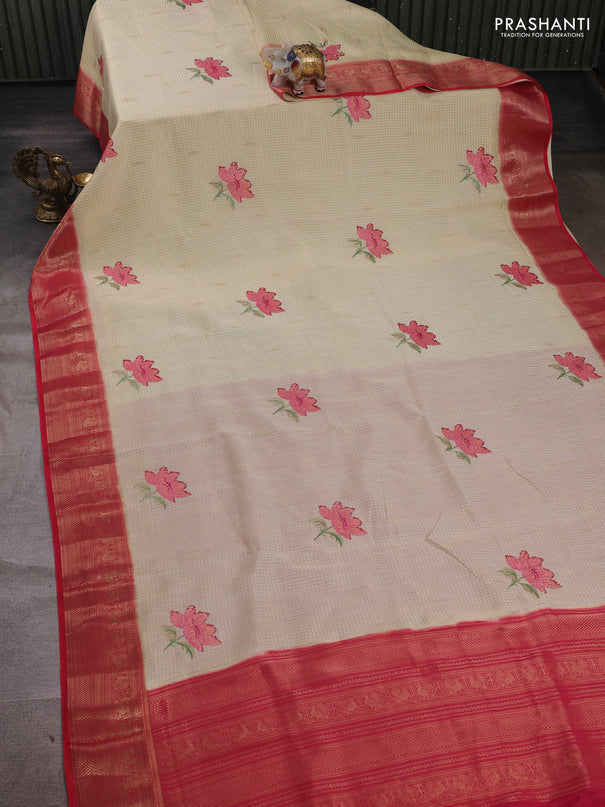 Cream & Pink Semi Crepe Saree - Embroidery