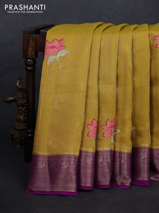 Yellow & Purple Sami Crepe Saree - Embroidery