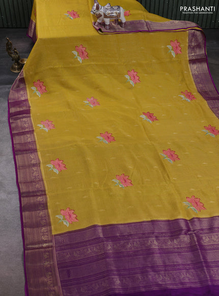Yellow & Purple Sami Crepe Saree - Embroidery