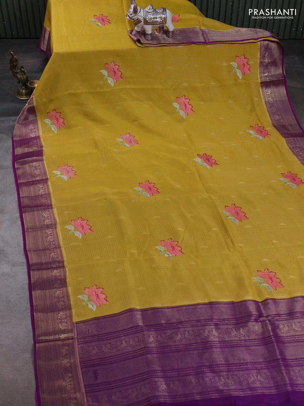 Yellow & Purple Semi Crepe Saree - Embroidery