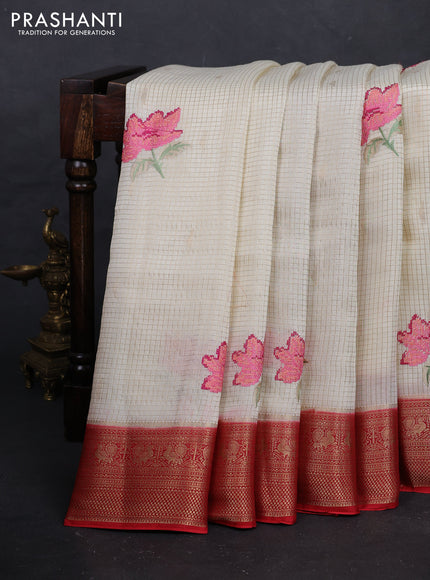 Cream & Red Sami Crepe Saree - Embroidery