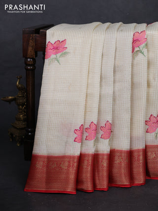 Cream & Red Sami Crepe Saree - Embroidery