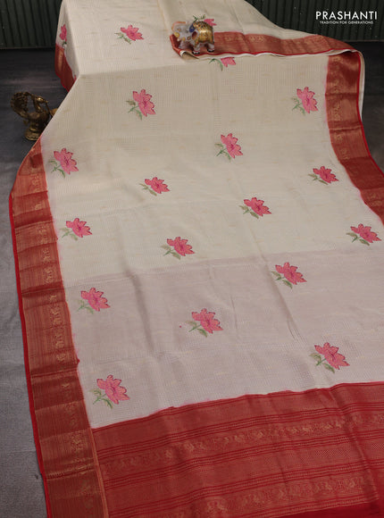 Cream & Red Sami Crepe Saree - Embroidery