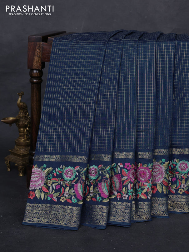 Peacock Blue Semi Crepe Saree - Embroidery