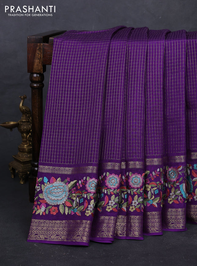 Purple Semi Crepe Saree - Embroidery