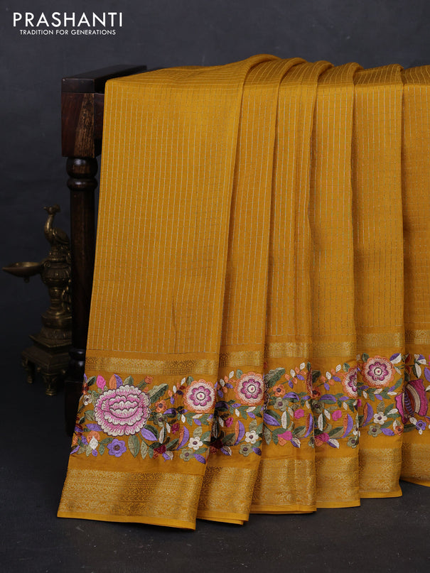 Mustard Yellow Semi Crepe Saree - Embroidery