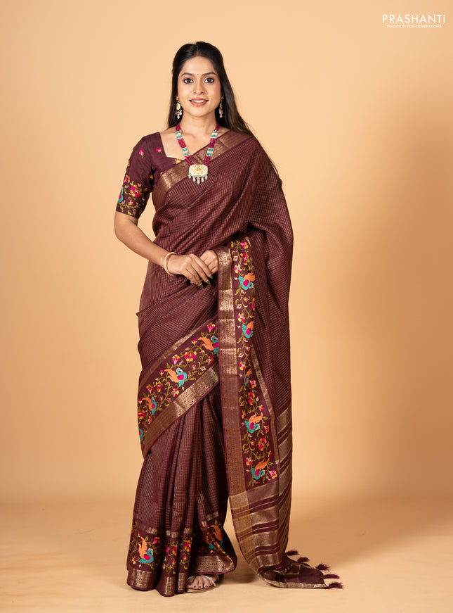 Coffee Brown Semi Crepe Saree - Embroidery