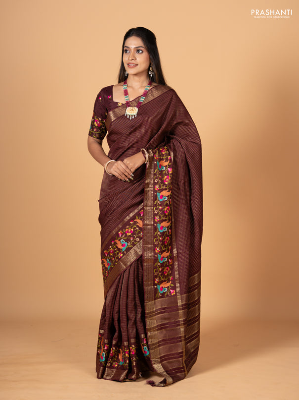 Coffee Brown Semi Crepe Saree - Embroidery