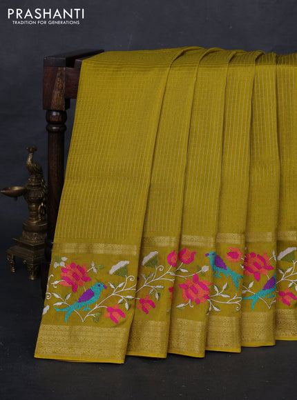 Mustard Green Sami Crepe Saree - Embroidery