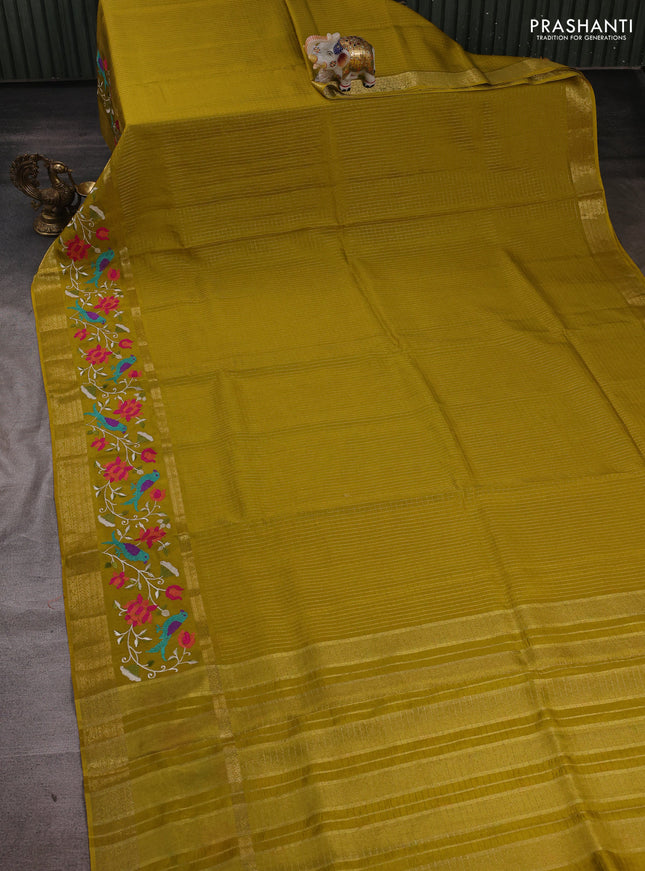 Mustard Green Semi Crepe Saree - Embroidery