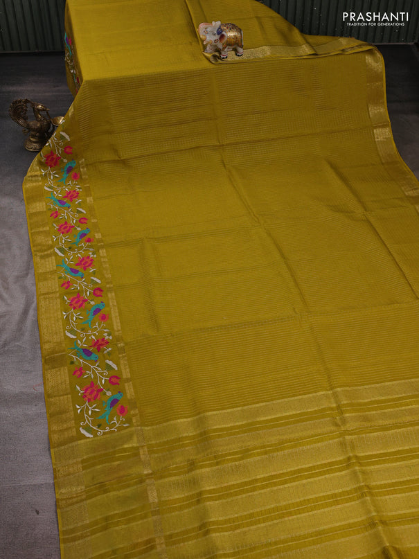 Mustard Green Semi Crepe Saree - Embroidery