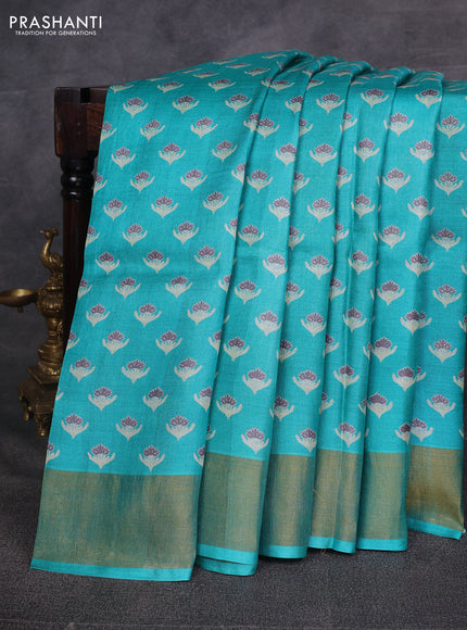 Teal Green Pure Tussar Printed Silk Saree