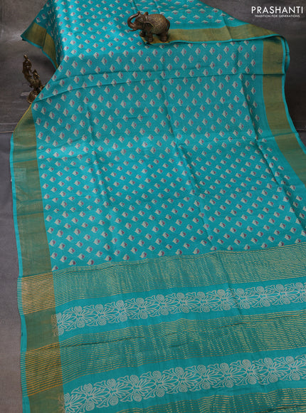 Teal Green Pure Tussar Printed Silk Saree
