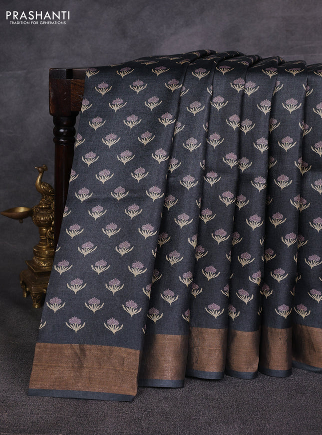 Grey Pure Tussar Printed Silk Saree