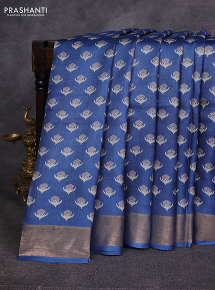 Blue Pure Tussar Printed Silk Saree