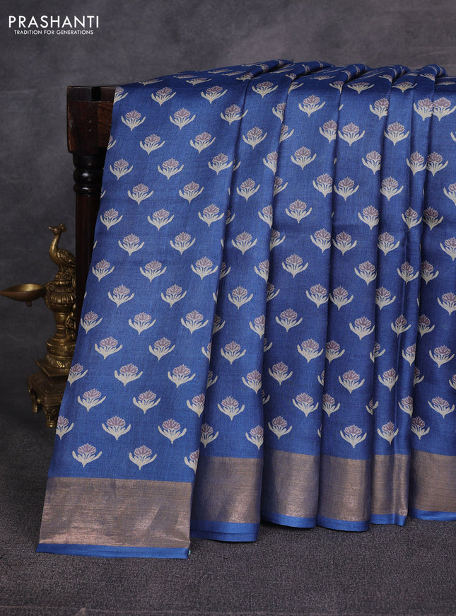Blue Pure Tussar Printed Silk Saree