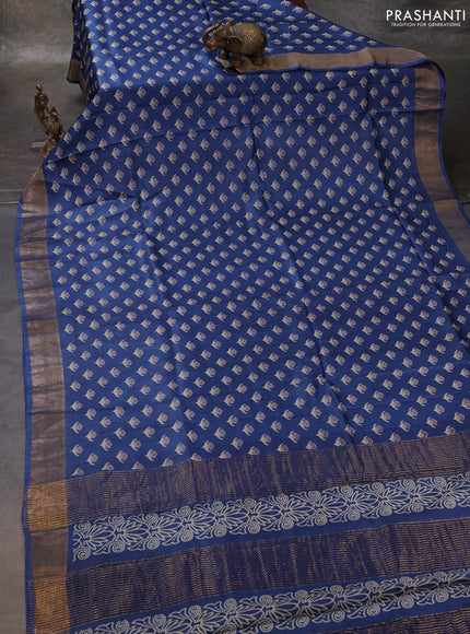 Blue Pure Tussar Printed Silk Saree