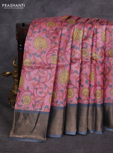 Pink & Grey Pure Tussar Printed Silk Saree