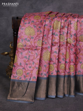 Pink & Grey Pure Tussar Printed Silk Saree