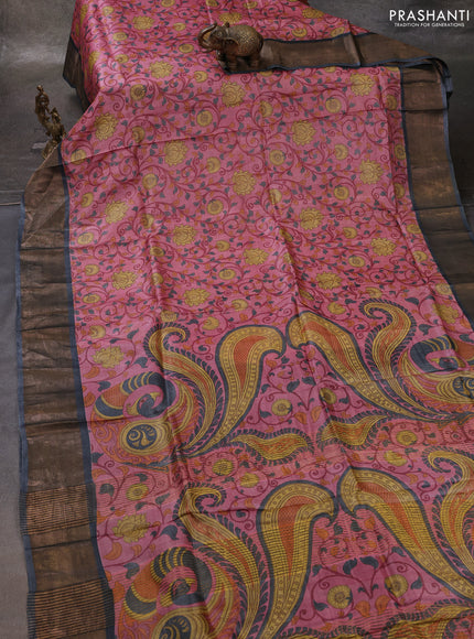 Pink & Grey Pure Tussar Printed Silk Saree