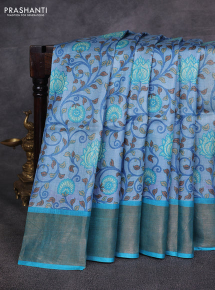 Blue & Teal Blue Pure Tussar Printed Silk Saree