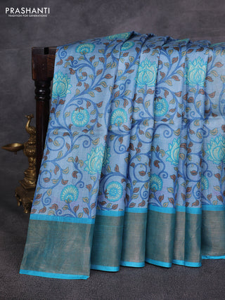 Blue & Teal Blue Pure Tussar Printed Silk Saree